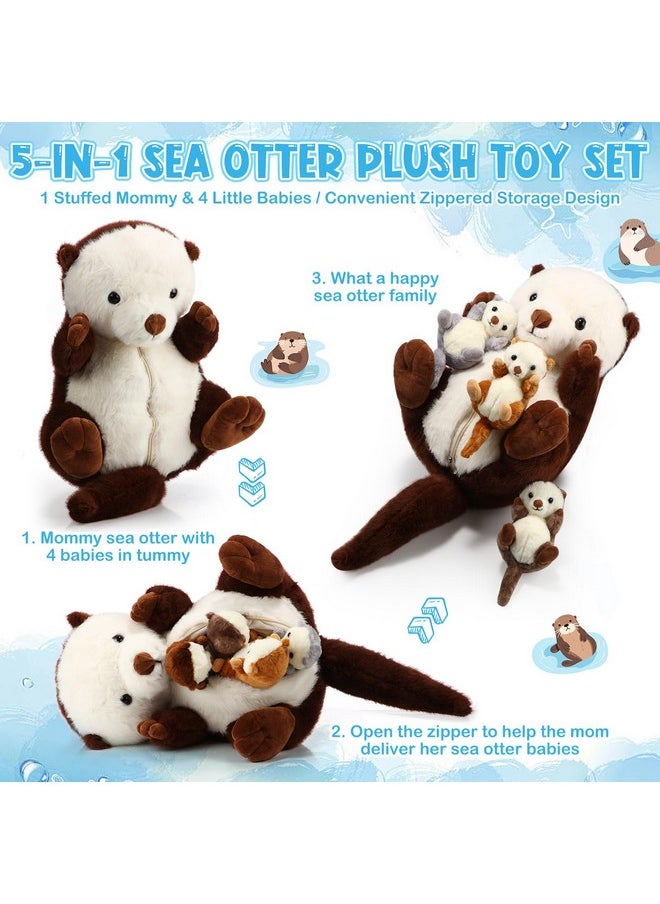 Shappy 5 Pcs Sea Otter Stuffed Animals Large Mommy Sea Otter Plush with 4 Cute Babies in Her Belly Soft Cuddly Zippered Sea Otter Plushie for Christmas Birthday New Year Gifts Party Favors(Brown)