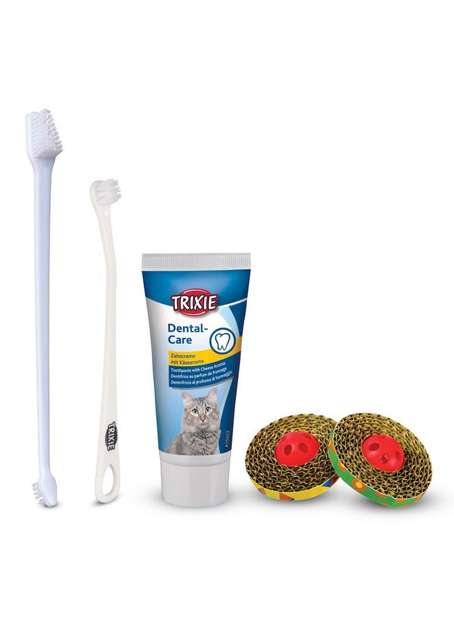 Mega Combo Pack- Cats Dental Hygiene Set - Cat Toothpaste with Cheese Flavour (50 g), 2 toothbrushes with 3 Different Heads with 701 Spin and Scratch Cat Catnip Toss and Bat Toy