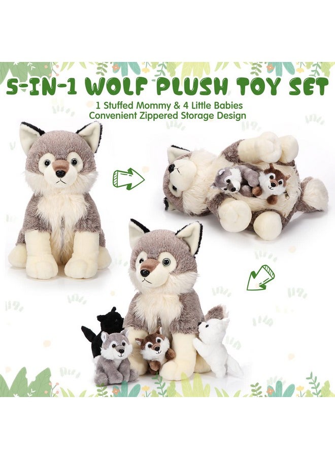 Honoson 5 Pcs Wolf Plush Toy Set 14 Inch Mommy Wolf Stuffed Animal with 4 Baby Wolves Soft Wolf Plushie for Wolf Lover Boys Girls Christmas Birthday(Cute)
