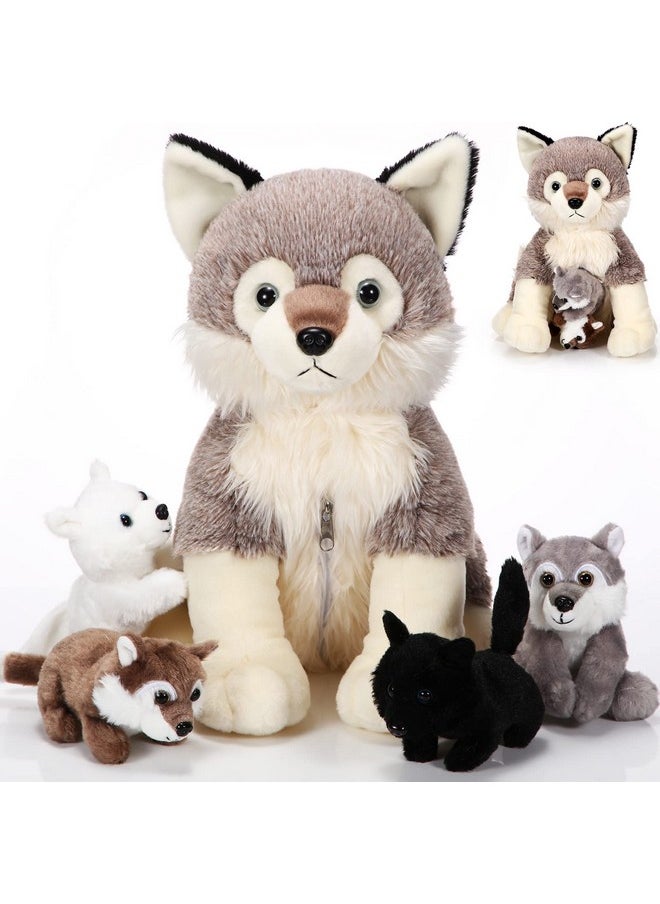 Honoson 5 Pcs Wolf Plush Toy Set 14 Inch Mommy Wolf Stuffed Animal with 4 Baby Wolves Soft Wolf Plushie for Wolf Lover Boys Girls Christmas Birthday(Cute)