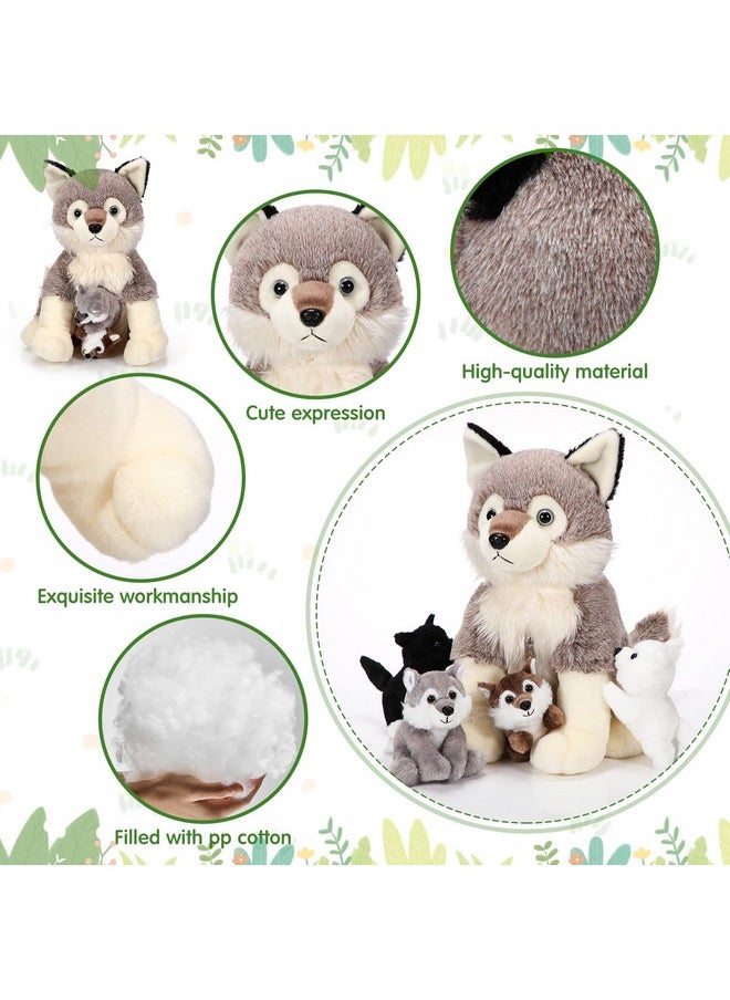 Honoson 5 Pcs Wolf Plush Toy Set 14 Inch Mommy Wolf Stuffed Animal with 4 Baby Wolves Soft Wolf Plushie for Wolf Lover Boys Girls Christmas Birthday(Cute)