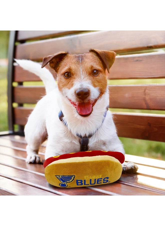 Pets First NHL ST. Louis Blues HOT Dog Plush Dog & CAT Squeak Toy - Cutest HOT-Dog Snack Plush Toy for Dogs & Cats with Inner Squeaker & Beautiful Hockey Team Name/Logo 8 x 5 x 3 Inches