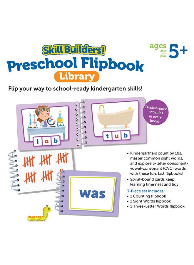 Learning Resources Skill Builders! Kindergarten Flipbook Library - Kindergarten Learning Activities, Spelling and Counting for Kids, My First Library for Kids,Back to School, Ages 5+,3 Pieces