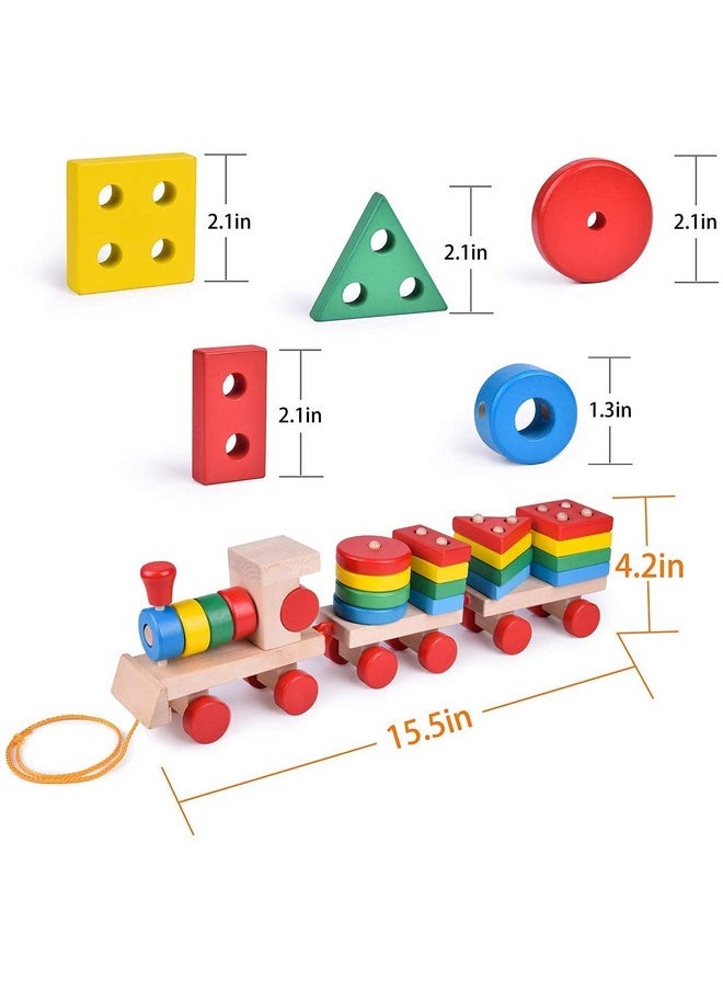 MUMMAMIA 15.5 Inches Wooden Train Toddler Toys, 4 Shape Sorter and Stacking Wooden Toys, Puzzle Toys for 1 2 3 Year Old Boys Girls, Preschool Educational Toys(Shape Train)