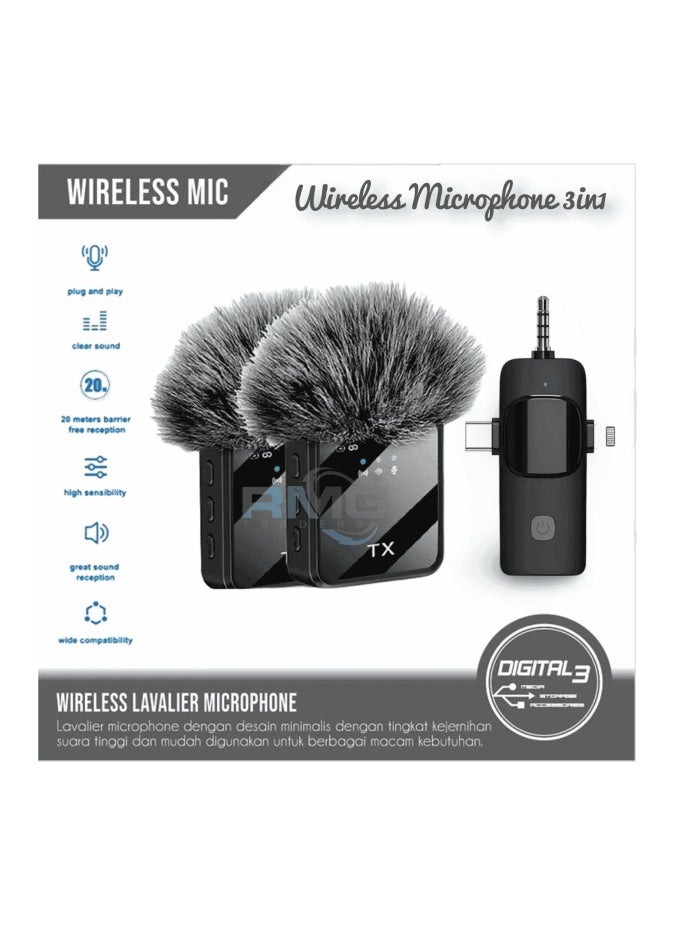 DW 3In1 Wireless Lavalier Microphone For Live Video Recording - F11-2