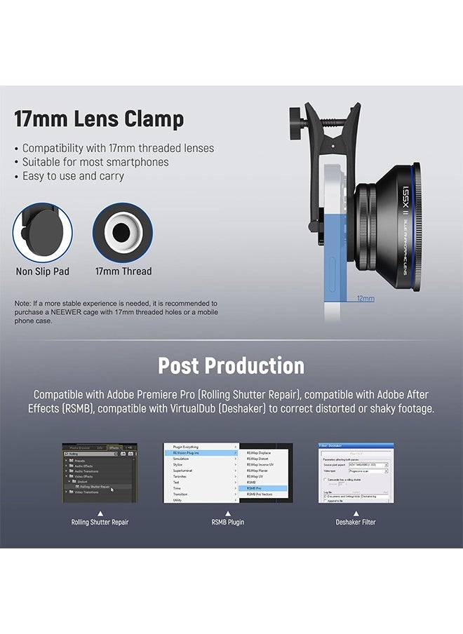 NEEWER PRO 1.55x Anamorphic Phone Lens with Blue Flare, 17mm Lens Clamp and 72mm Lens Filter Adapter Ring, Compatible with iPhone Samsung, Cinematic Wide Screen and Pro Video Effects, LS-43 PRO