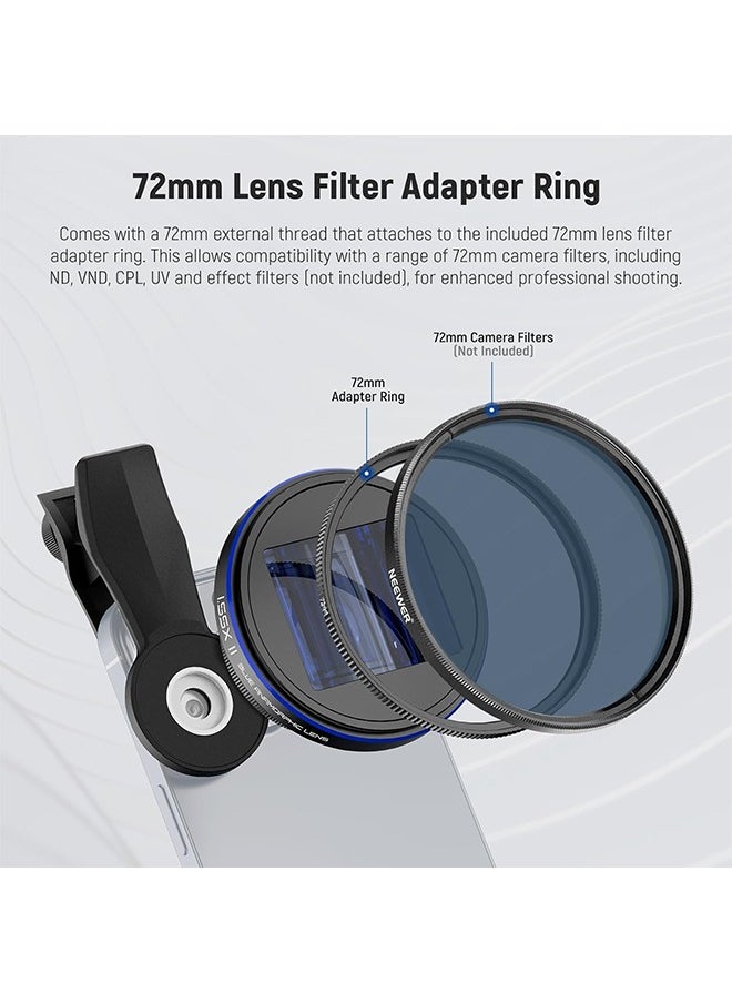 NEEWER PRO 1.55x Anamorphic Phone Lens with Blue Flare, 17mm Lens Clamp and 72mm Lens Filter Adapter Ring, Compatible with iPhone Samsung, Cinematic Wide Screen and Pro Video Effects, LS-43 PRO