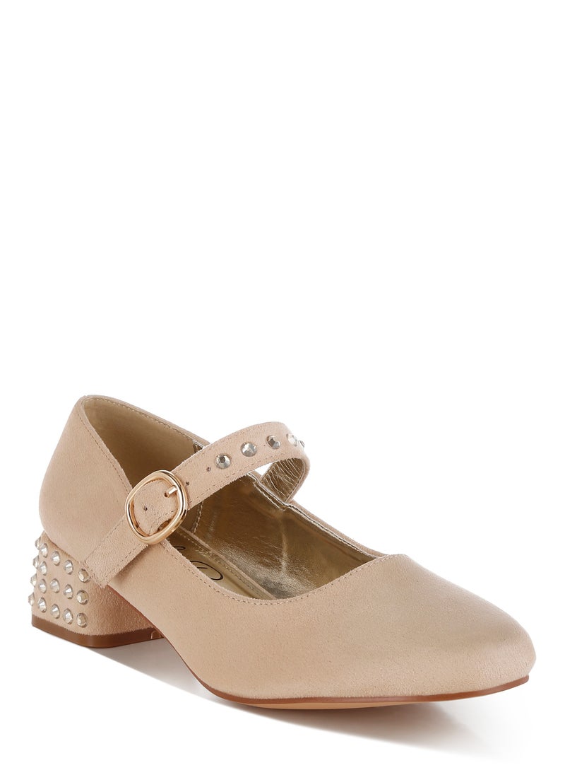 Studded Mary Jane Pumps in Beige