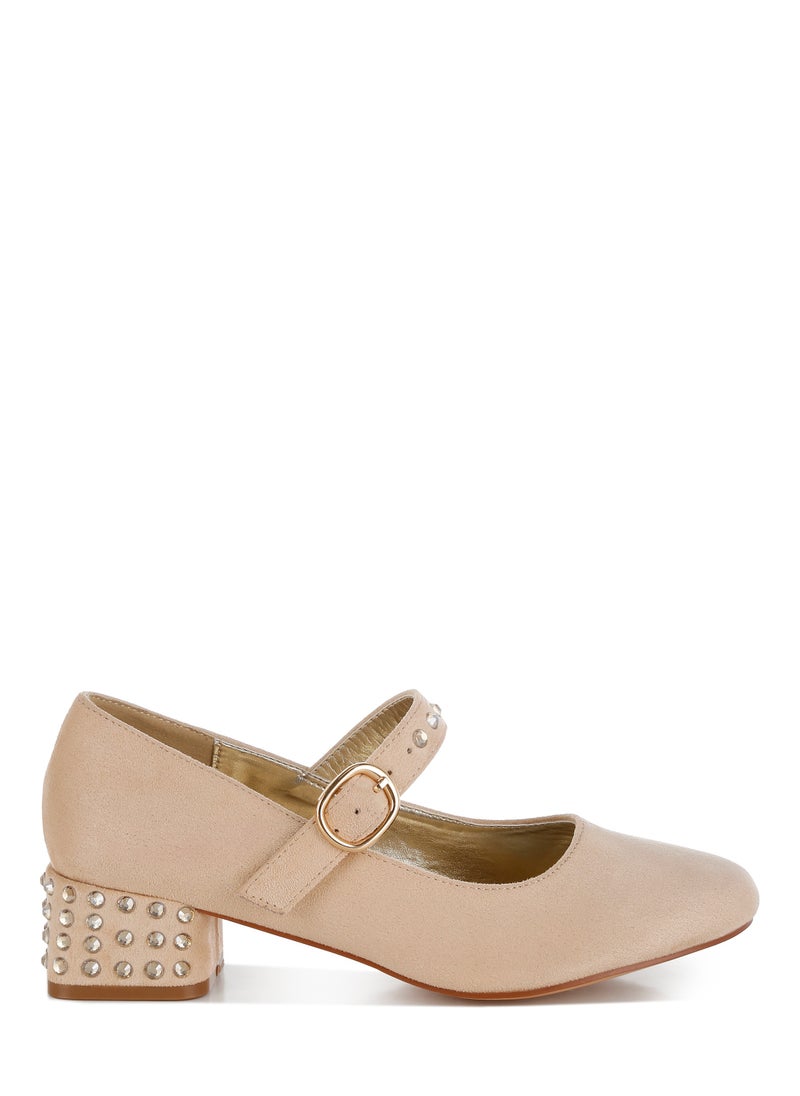 Studded Mary Jane Pumps in Beige