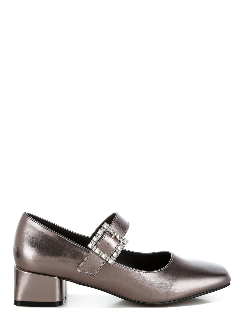 Diamante Brooch Metallic Mary Jane Pumps in Pewter