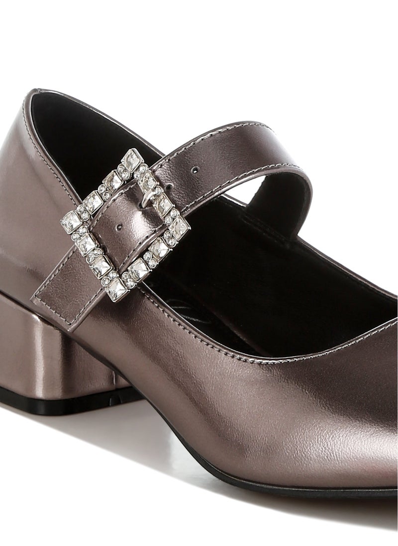 Diamante Brooch Metallic Mary Jane Pumps in Pewter