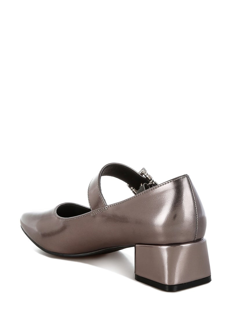 Diamante Brooch Metallic Mary Jane Pumps in Pewter