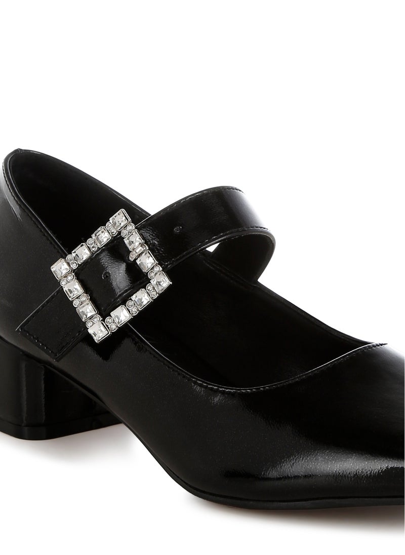 Diamante Brooch Metallic Mary Jane Pumps in Black