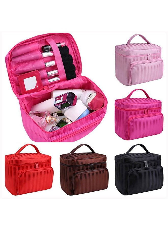 House of Quirk Travel Makeup Bag Large Cosmetic Bags with Brush Holder Make-up Bag Organizer Multifunction Bag for Women Girls - Coffee Stripes