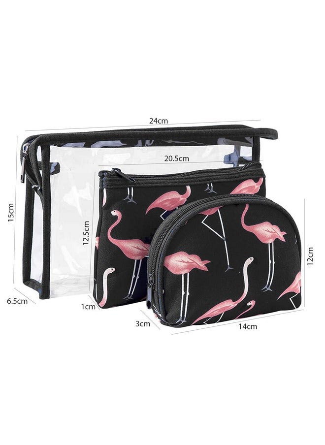 HOUSE OF QUIRK Flamingo Makeup Bag Set For Women Portable 3 Different Sizes Toiletry Bag For Travel Daily Use For Women Girl (Flamingo Black, Set Of 3)