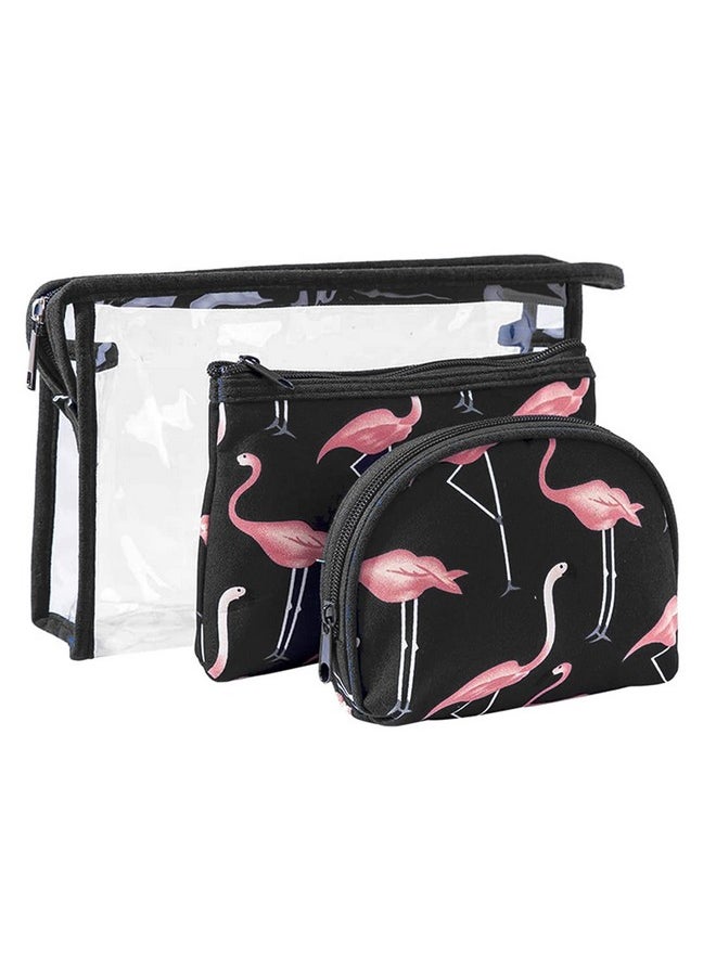 HOUSE OF QUIRK Flamingo Makeup Bag Set For Women Portable 3 Different Sizes Toiletry Bag For Travel Daily Use For Women Girl (Flamingo Black, Set Of 3)