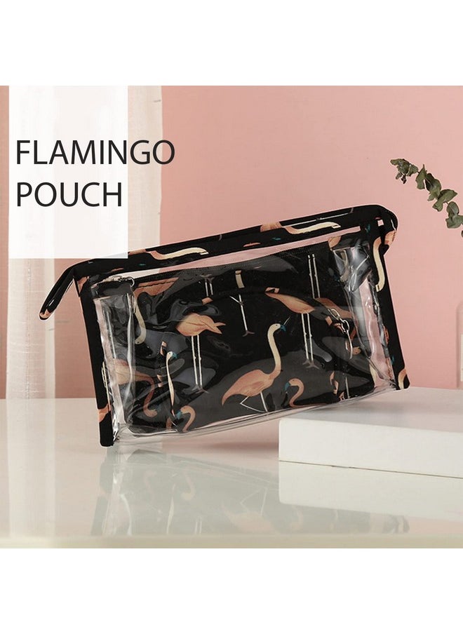 HOUSE OF QUIRK Flamingo Makeup Bag Set For Women Portable 3 Different Sizes Toiletry Bag For Travel Daily Use For Women Girl (Flamingo Black, Set Of 3)