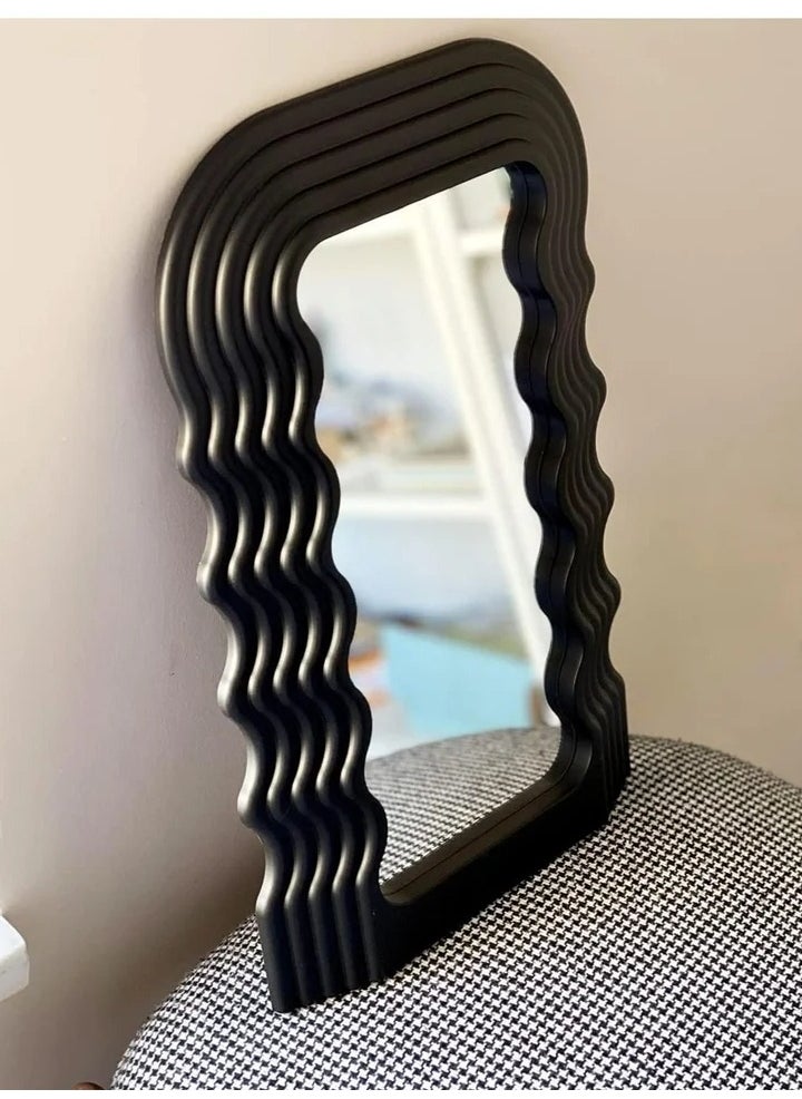 Aesthetic Wave Pattern Irregular Frame Mirror, Decorative Desk Wall Mirror for Living Room Bedroom Hallway Home Decor (Black)