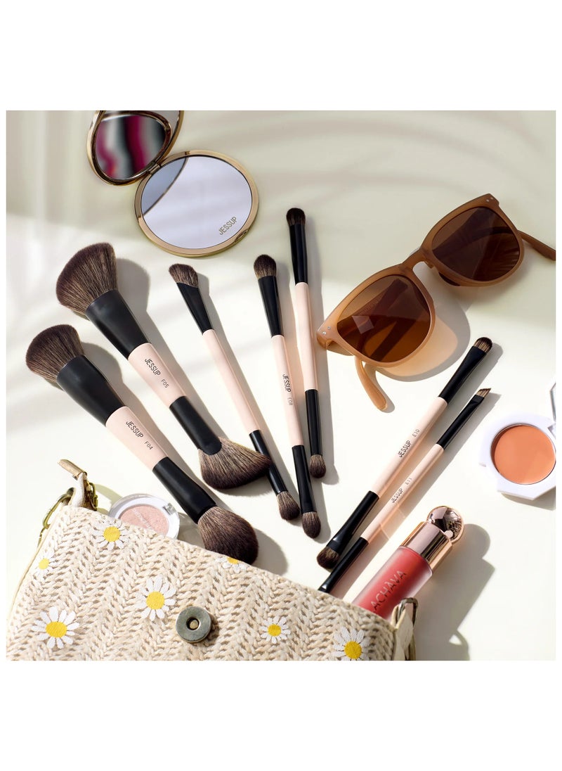 Jessup Makeup Brushes Set 14-in-7 Double Sided Makeup Brushes for Foundation Concealer Blush Eyeshadow Contour Bronzer Powder Blending Eyebrow Eyeliner, Cruelty-Free Make up Brushes Peach Dust T600