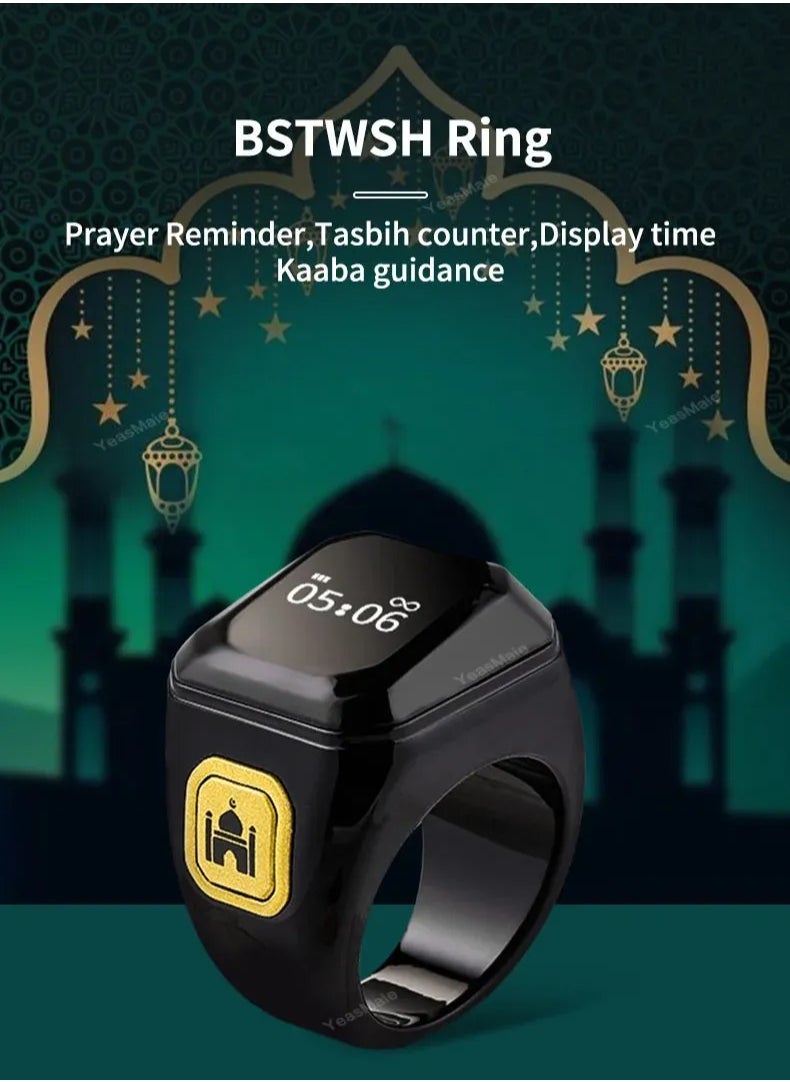 20mm Zikr Ring Arabic Smart Tasbih Ring Muslim Prayer Prayer timing reminder Tasbih Counter Smart Ring Wearable Technology Vibration Reminder Exclusive IQIBLA App and 5 Daily Prayer Reminders (Black)