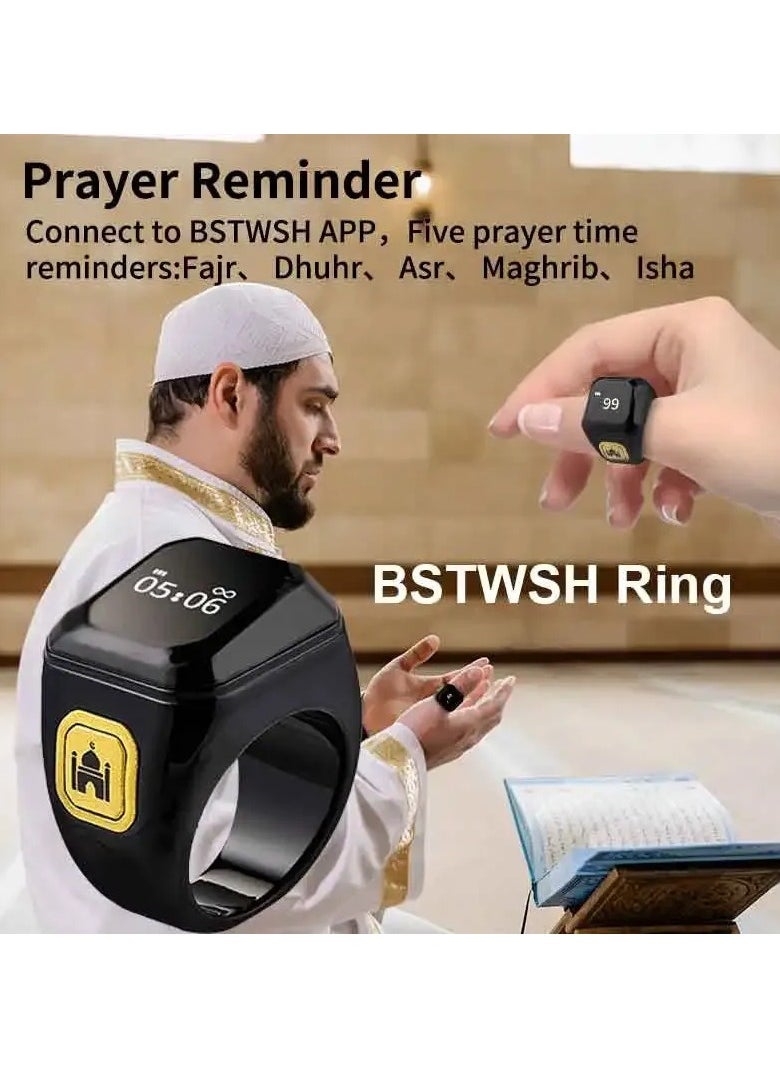 20mm Zikr Ring Arabic Smart Tasbih Ring Muslim Prayer Prayer timing reminder Tasbih Counter Smart Ring Wearable Technology Vibration Reminder Exclusive IQIBLA App and 5 Daily Prayer Reminders (Black)