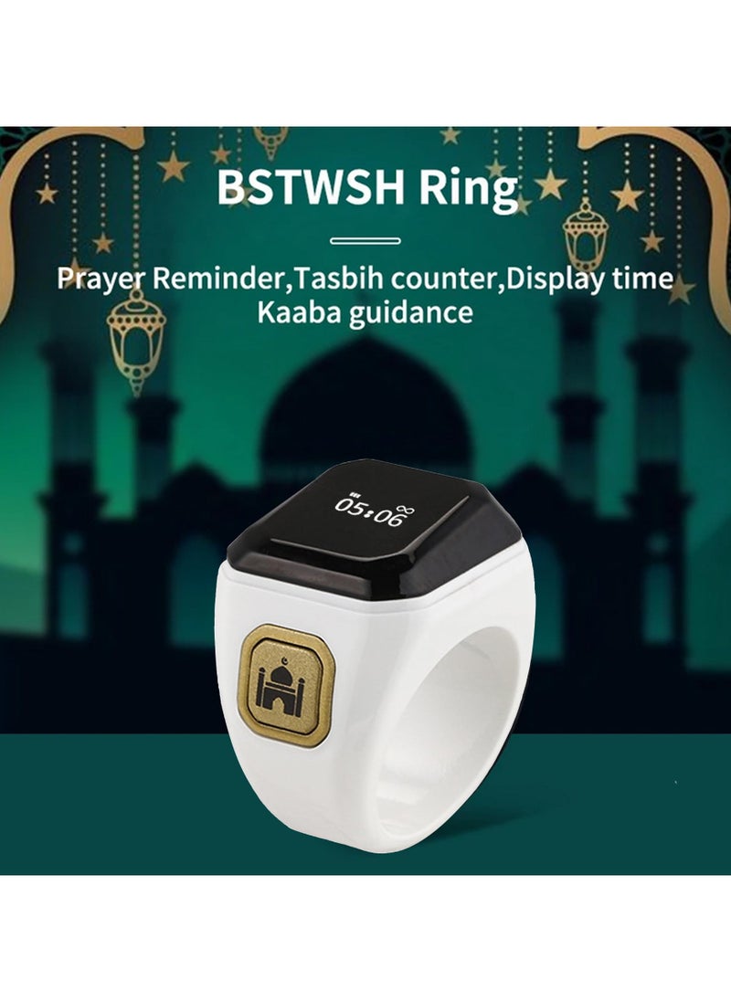 20mm Zikr Ring Arabic Smart Tasbih Ring Muslim Prayer Prayer timing reminder Tasbih Counter Smart Ring Wearable Technology Vibration Reminder Exclusive IQIBLA App and 5 Daily Prayer Reminders (White)