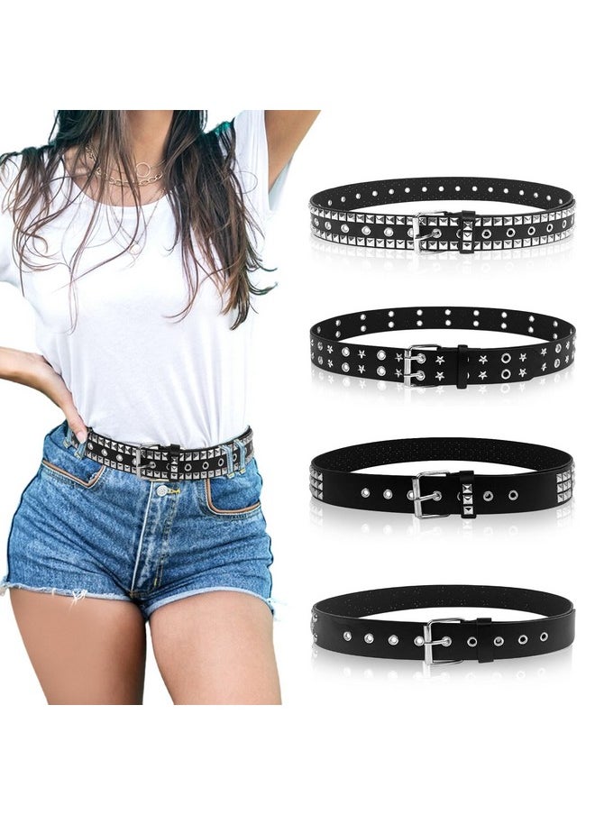 Studded Belts, 4 Pcs Punk Rock Rivet Belts Set, Black Faux Leather Gothic Grommet Belt For Women Men Gift