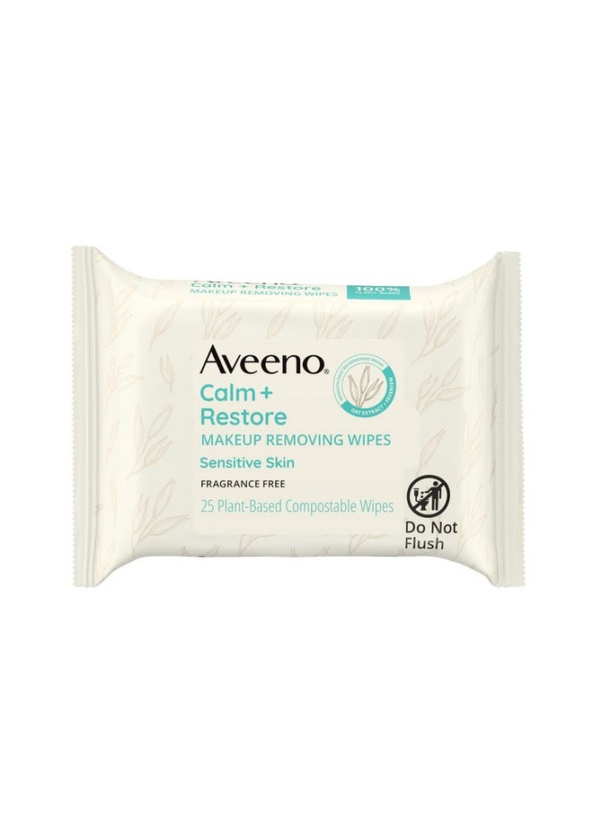 Aveeno Calm + Restore Nourishing Makeup Remover Face Wipes, Fragrance Free Facial Cleansing Towelettes with Oat Extract & Calming Feverfew, Alcohol Free, 100% Plant-Based Cloth, 25 ct