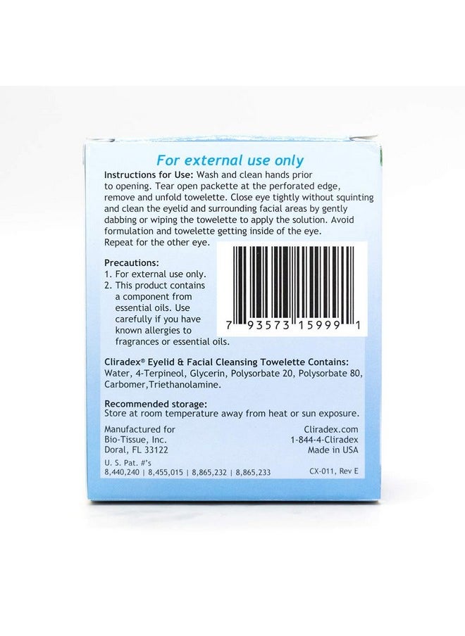 Cliradex Towelettes - Natural Face, Eyelash & Eyelid Cleanser - Wipes for Demodex, Blepharitis, Mgd and Red Irritated Eye Lid - Tea Tree Oil Extract.