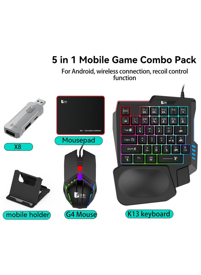 Classic Mobile Gaming Keyboard Mouse Converter Set 5 in 1 Mobile Game Combo Pack for Android HarmonyOS Hyper OS Samsung, Recoil Control Function Wireless Connection