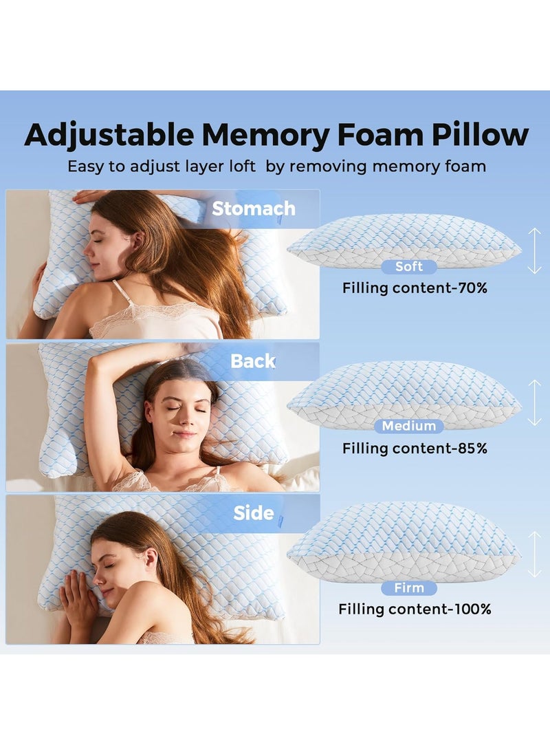 puredown King Size Pillows Set of 2, Shredded Memory Foam Pillows, Cooling Pillows King 2 Pack, Foam Pillow for Sleeping, Adjustable Firm Bed Pillow for Side, Back and Stomach Sleepers (King)