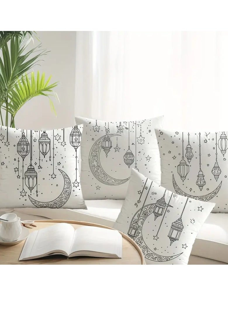 4pcs Contemporary Throw Pillow Covers, Vintage Ramadan Lantern Print, 44.96cm x 44.96cm, Machine Washable, Zipper Closure, 100% Polyester, with Decorative Cushion Cases for Home, Sofa, Bedroom, Party, Spring Decor