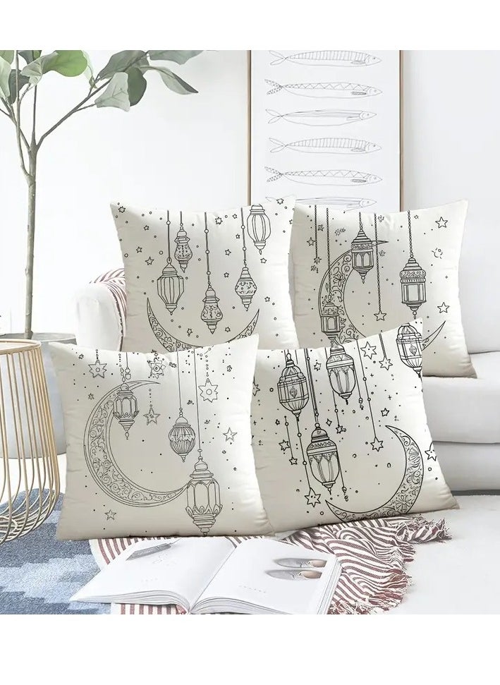 4pcs Contemporary Throw Pillow Covers, Vintage Ramadan Lantern Print, 44.96cm x 44.96cm, Machine Washable, Zipper Closure, 100% Polyester, with Decorative Cushion Cases for Home, Sofa, Bedroom, Party, Spring Decor