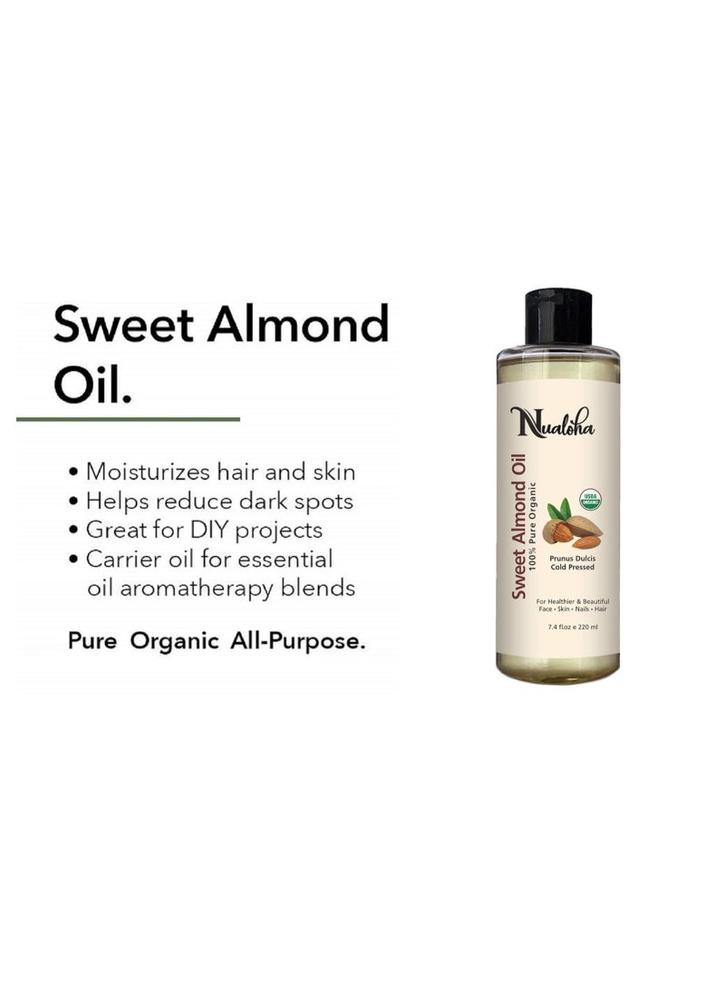 Nualoha Sweet Almond Oil Certified Organic- 100% Pure, Natural Cold Pressed Moisturizer For Hair, Skin & Body -220 ML