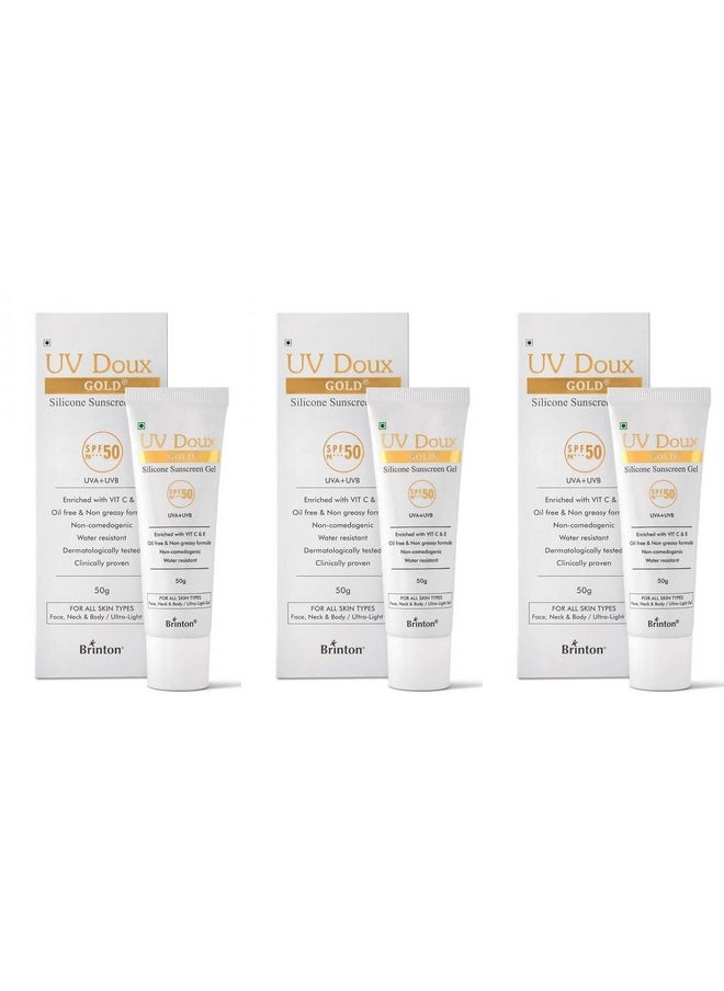 Brinton UV Doux Gold Silicone Sunscreen Gel SPF 50 PA+++ Enriched With Vitamin C & E | Water Resistant, Oil Free & Non- Greasy | UVA/UVB With Broad Spectrum, 50 g x Pack of 3