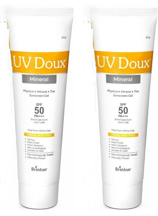 Brinton UV Doux SPF 50 PA+++ Mineral Based Sunscreen Gel With No White Cast | Tinted & Water Resistant | UVA/UVB Protection, 50g x Pack of 2