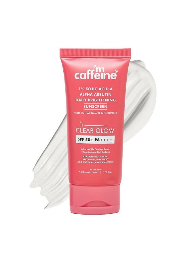 mCaffeine CLEAR GLOW 1% Kojic Acid & Alpha Arbutin Brightening Sunscreen SPF 50 PA++++ |Niacinamide-Dark Spots & Pigmentation| UVA-B Sun Protection|For Men & Women - 50ml For All Skin Type