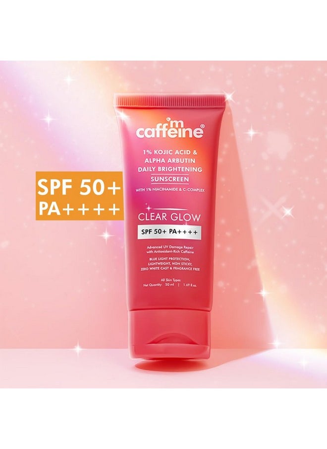 mCaffeine CLEAR GLOW 1% Kojic Acid & Alpha Arbutin Brightening Sunscreen SPF 50 PA++++ |Niacinamide-Dark Spots & Pigmentation| UVA-B Sun Protection|For Men & Women - 50ml For All Skin Type