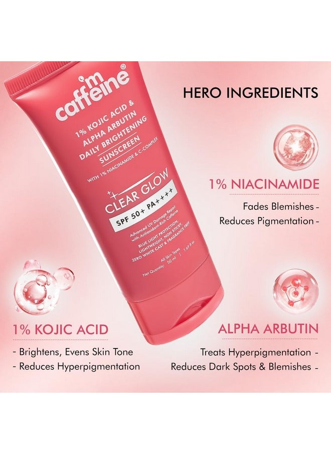 mCaffeine CLEAR GLOW 1% Kojic Acid & Alpha Arbutin Brightening Sunscreen SPF 50 PA++++ |Niacinamide-Dark Spots & Pigmentation| UVA-B Sun Protection|For Men & Women - 50ml For All Skin Type
