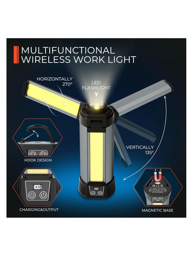 Rechargeable LED Camping Light with Stand, Cordless Work Light with Portable Folding Stand, 6000MAH Battery, 500/1000/2000 Lumen Outdoor Camping Working Light