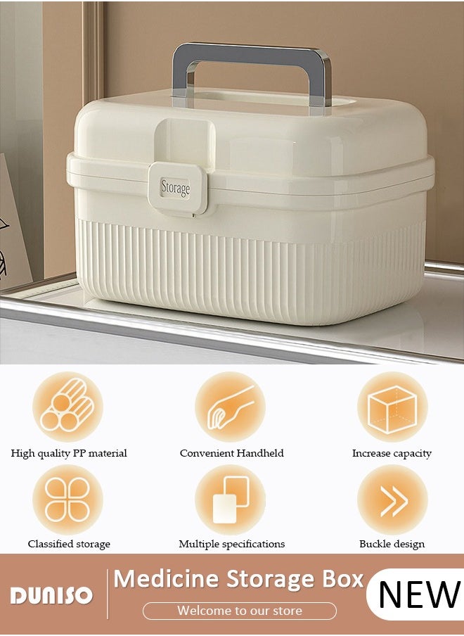 Family Medicine Storage Box Container, 2 Layers First Aid Box Organizer with Locking Lid Handle, Multipurpose Durable Craft Tool Case Plastic Professional Emergency Bin for Home Travel Car Camping Office