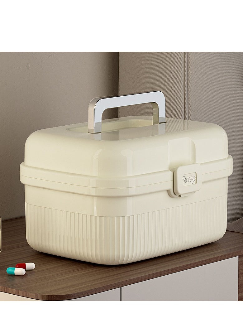 Family Medicine Storage Box Container, 2 Layers First Aid Box Organizer with Locking Lid Handle, Multipurpose Durable Craft Tool Case Plastic Professional Emergency Bin for Home Travel Car Camping Office