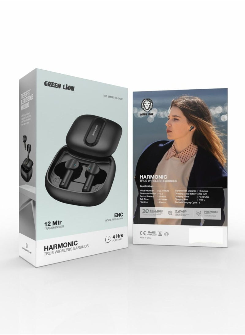 Harmonic True Wireless Earbuds|12 Mtr Transmission & ENC Noise Reduction | 4 Hours Playtime with Type C Charging Port- Black