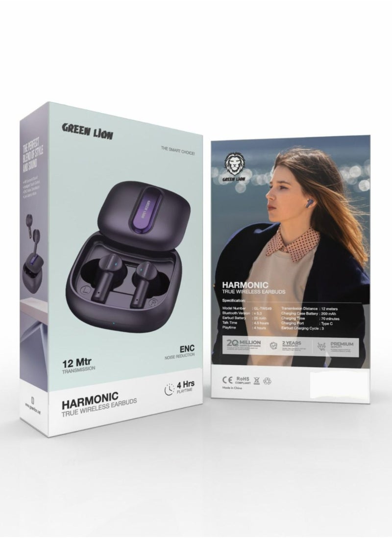 Harmonic True Wireless Earbuds|12 Mtr Transmission & ENC Noise Reduction | 4 Hours Playtime with Type C Charging Port - Purple