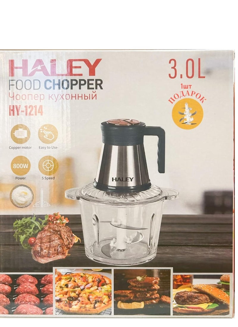 Wtrtr HALEY 3L Electric Food Chopper,800W Glass Chopper and Mincer,Garlic Skin Peeler, or Chopping, Ice Crushing, Mincing, Grinding, Pureeing.2 Years Warranty,HY-1214 (3L-800W)