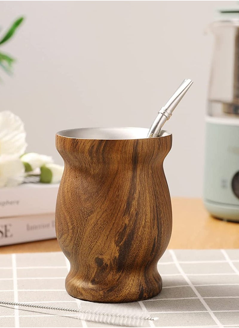 Stainless Steel Double Wall Yerba Mate Tea Cup with Bombilla Straw 230ml Insulated Easy Wash Wood Grain Finish