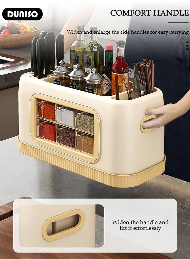 Kitchen Spice Organizer, Drawer Spice Racks with Spoon and Lid, 6-Cell Seasoning Storage Box with Top Store Table, PP Container for Salt Sugar Pepper Spice,Space Saving Spice Rack for Countertop, Cabinet,Spice Box for Pantry, Kitchen