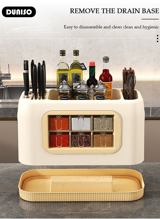 Kitchen Spice Organizer, Drawer Spice Racks with Spoon and Lid, 6-Cell Seasoning Storage Box with Top Store Table, PP Container for Salt Sugar Pepper Spice,Space Saving Spice Rack for Countertop, Cabinet,Spice Box for Pantry, Kitchen