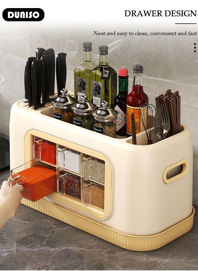 Kitchen Spice Organizer, Drawer Spice Racks with Spoon and Lid, 6-Cell Seasoning Storage Box with Top Store Table, PP Container for Salt Sugar Pepper Spice,Space Saving Spice Rack for Countertop, Cabinet,Spice Box for Pantry, Kitchen