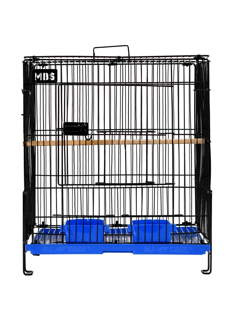 MBS Bird Cage - 38cm W x 38cm H x 30cm D, Plastic Tray, 2 Food Containers, Acacia Wooden Stick, Hanging Breeding Box Option, Foldable, Durable Powder Coating Finish